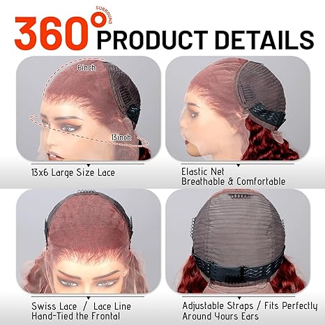 Burgundy Water Wave Human Hair Wig 13x6 Lace Frontal Wig Pre Plucked Curly Virgin Human Hair Wigs 150% Density for Women Wholesale