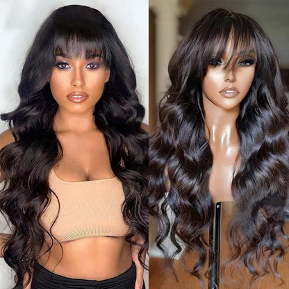 Body Wave Human Hair Wig with Bangs 150% Density Natural Black Machine Made Full Wig for Women Wholesale