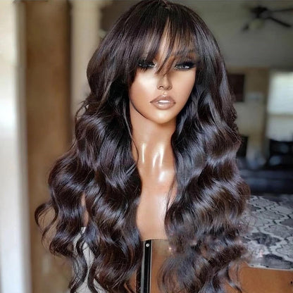 Body Wave Human Hair Wig with Bangs 150% Density Natural Black Machine Made Full Wig for Women Wholesale