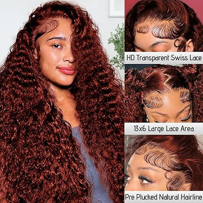Burgundy Water Wave Human Hair Wig 13x6 Lace Frontal Wig Pre Plucked Curly Virgin Human Hair Wigs 150% Density for Women Wholesale