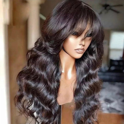 Body Wave Human Hair Wig with Bangs 150% Density Natural Black Machine Made Full Wig for Women Wholesale