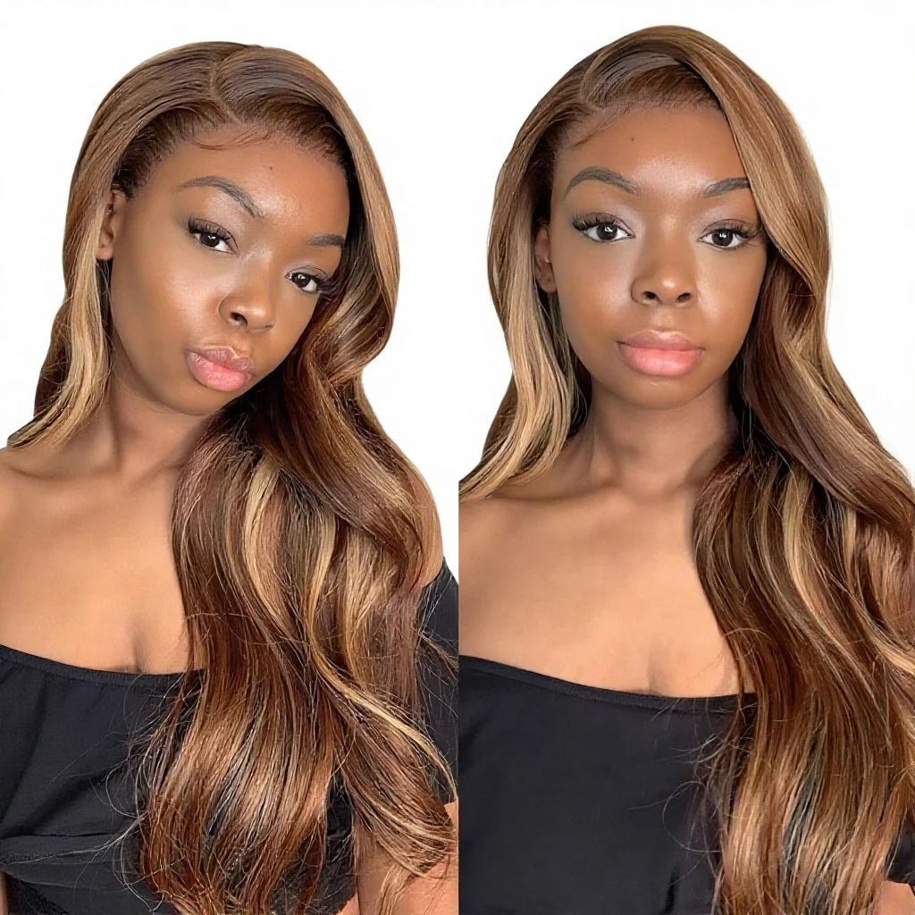 Aurasilva body wave lace front wig in highlight P4/27 with transparent Swiss lace and a glueless fit