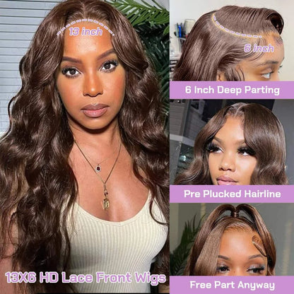 Brown body wave lace front wig, Vietnamese human hair, transparent glueless lace, for daily wear