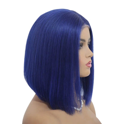 Aurasilva straight blue bob wig, 10 inch glueless transparent lace front for women - daily wear and office styling