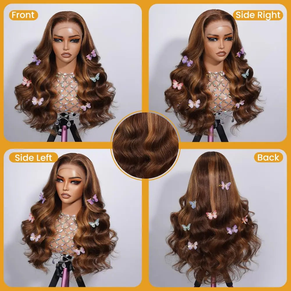 Aurasilva body wave lace front wig in highlight P4/27 with transparent Swiss lace and a glueless fit