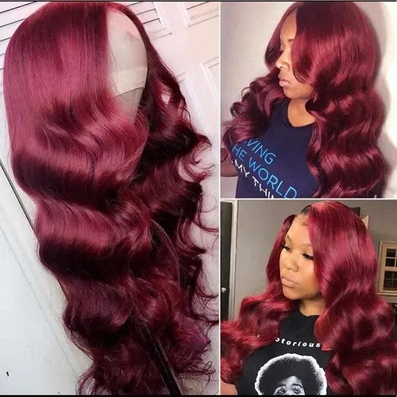 Vietnamese human hair lace front wig - burgundy body wave with transparent lace - evening and event styling