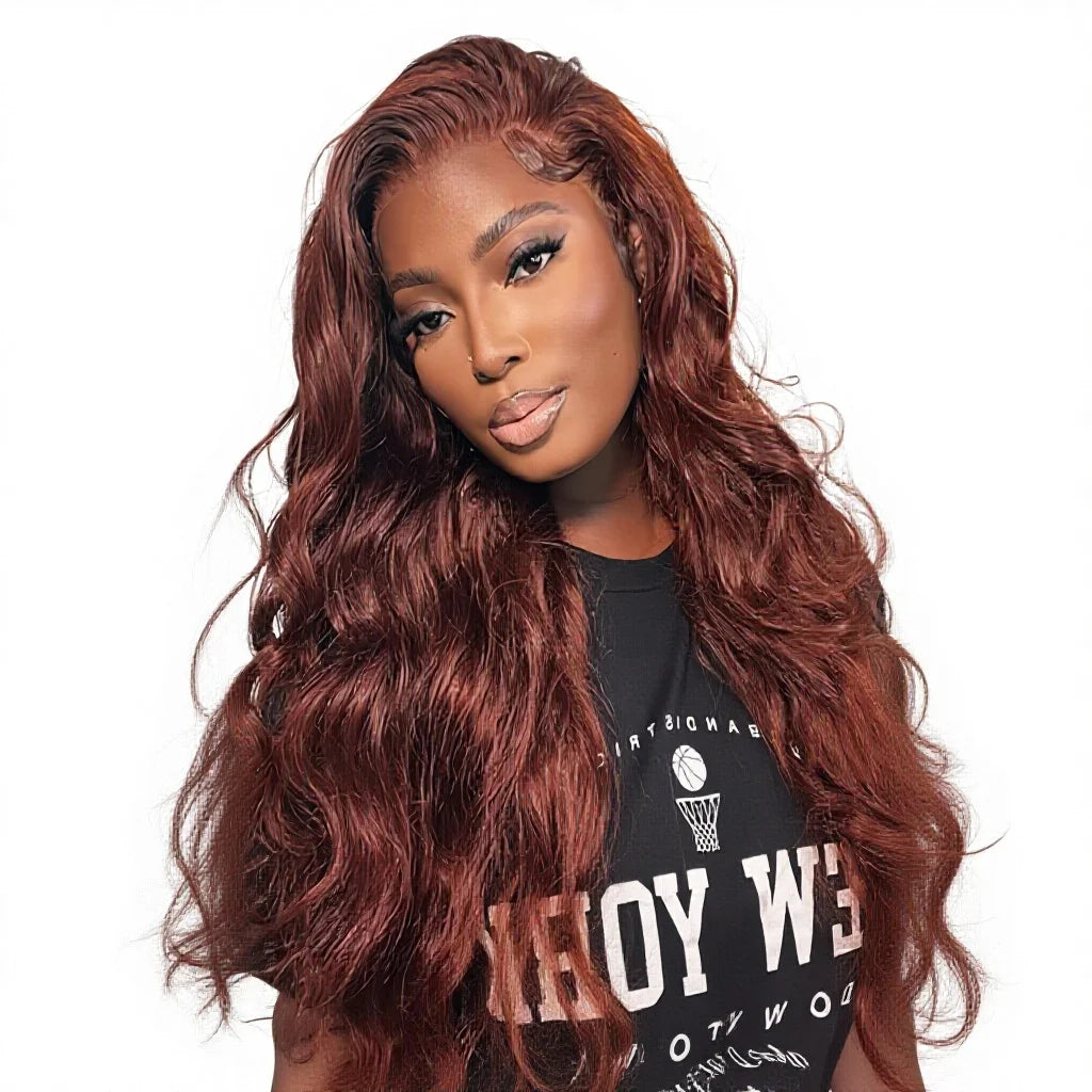 Aurasilva long body wave wig, reddish brown hair with glueless Swiss lace - daily wear and evening styling