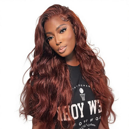 Aurasilva long body wave wig, reddish brown hair with glueless Swiss lace - daily wear and evening styling