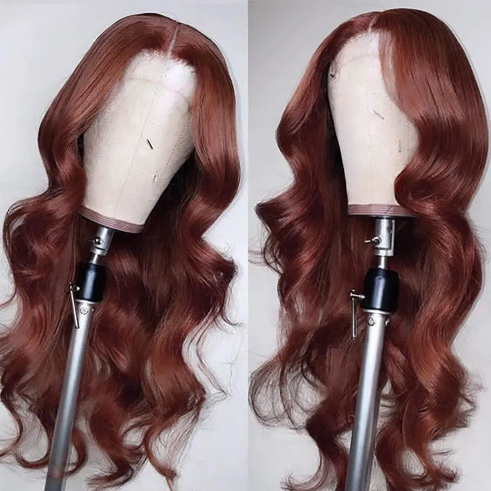 Aurasilva long body wave wig, reddish brown hair with glueless Swiss lace - daily wear and evening styling