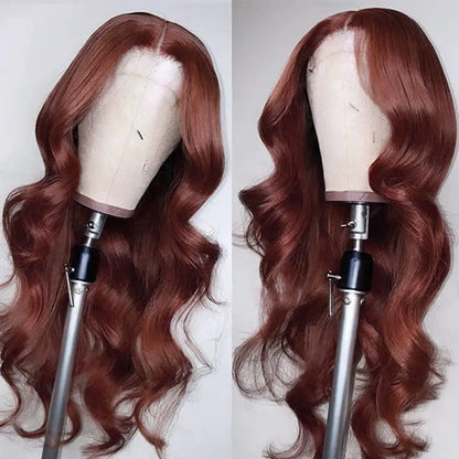 Aurasilva long body wave wig, reddish brown hair with glueless Swiss lace - daily wear and evening styling