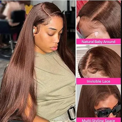 Glueless straight lace front wig, brown Vietnamese human hair, transparent Swiss lace, for daily wear