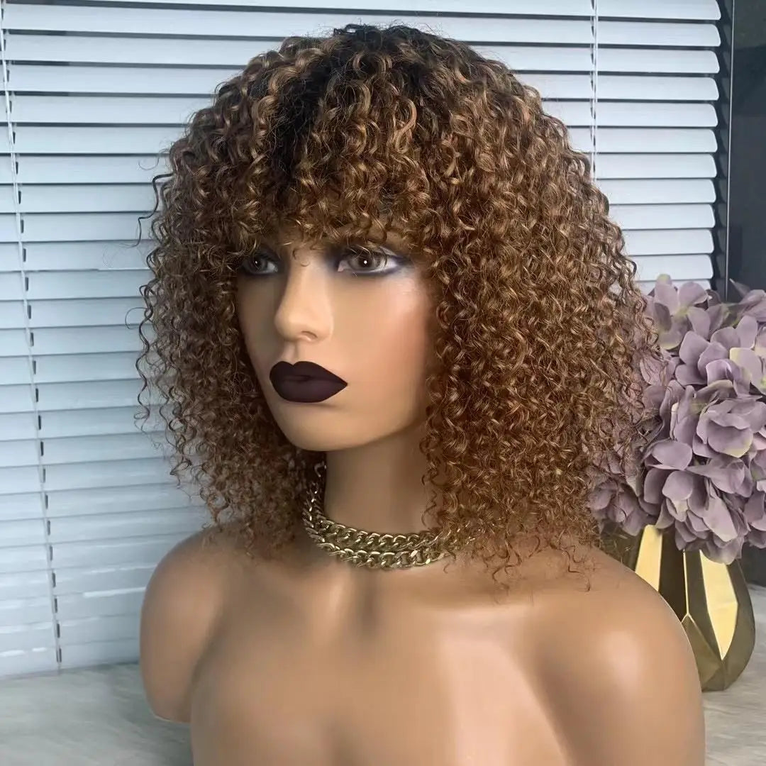 Aurasilva afro curl machine made lace front wig in P4/27 color with transparent Swiss lace at 12 inches