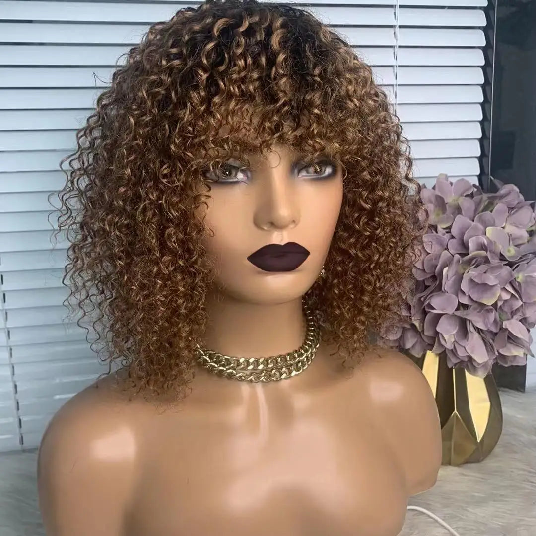 Aurasilva afro curl machine made lace front wig in P4/27 color with transparent Swiss lace at 12 inches