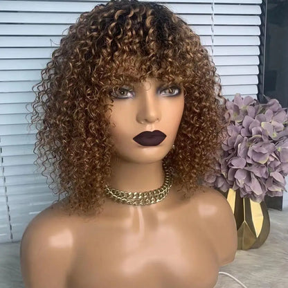 Aurasilva afro curl machine made lace front wig in P4/27 color with transparent Swiss lace at 12 inches