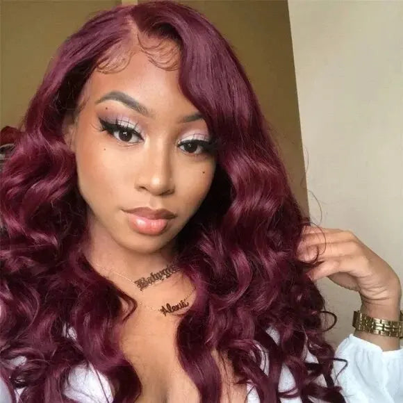 Vietnamese human hair lace front wig - burgundy body wave with transparent lace - evening and event styling