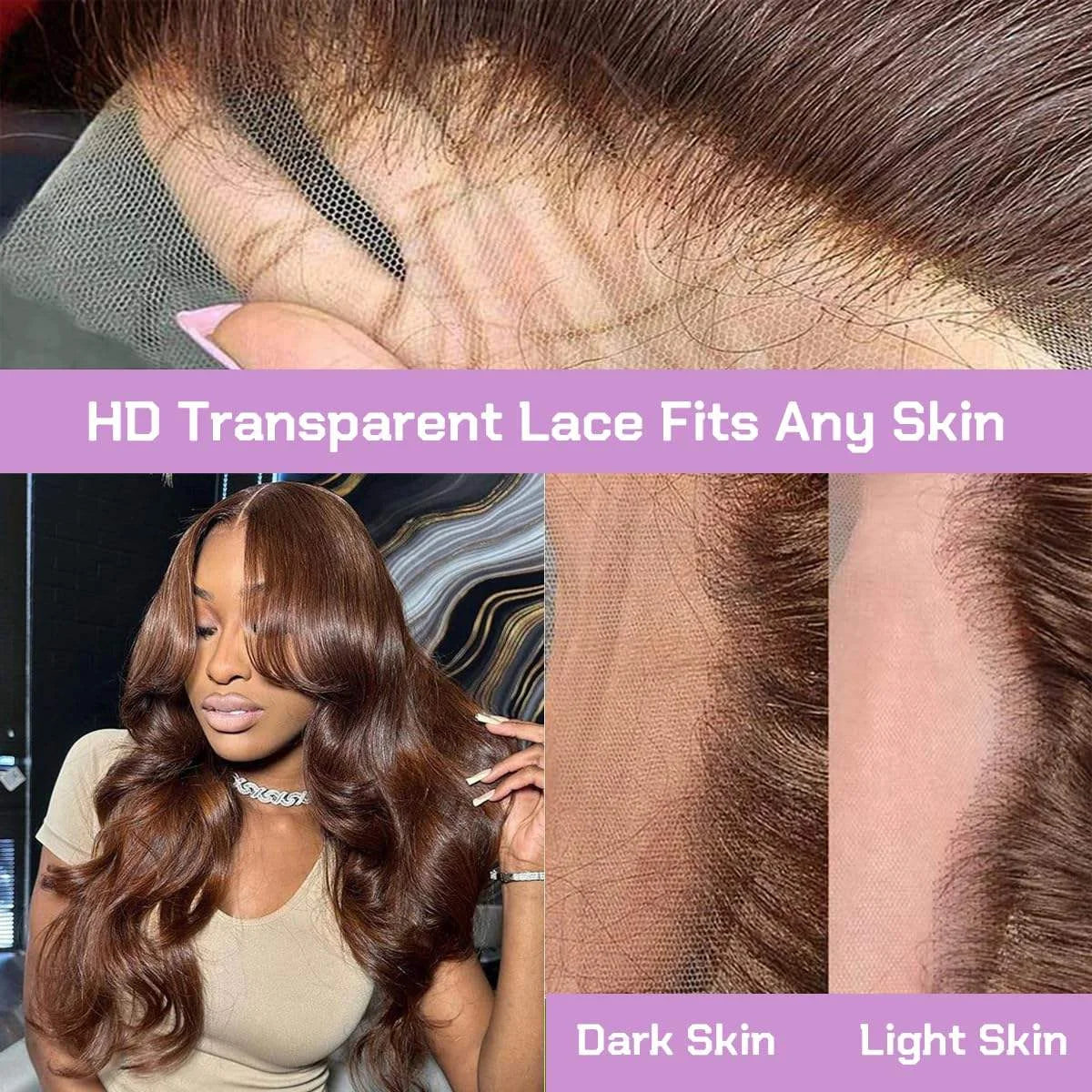 Brown body wave lace front wig, Vietnamese human hair, transparent glueless lace, for daily wear