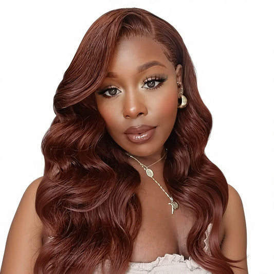 Aurasilk 4x4 French lace closure wig, reddish brown body wave with transparent lace - daily wear and office styling