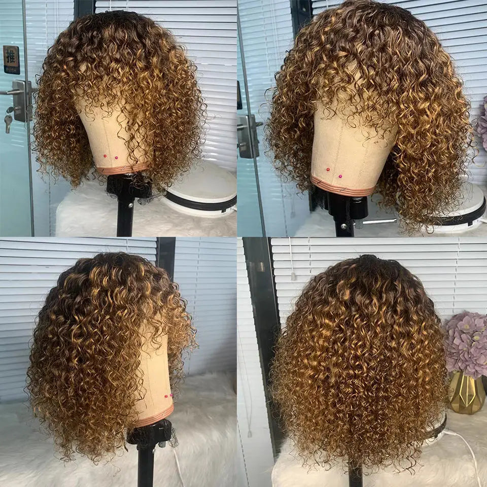 Aurasilva afro curl machine made lace front wig in P4/27 color with transparent Swiss lace at 12 inches