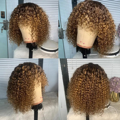 Aurasilva afro curl machine made lace front wig in P4/27 color with transparent Swiss lace at 12 inches