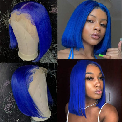 Aurasilva straight blue bob wig, 10 inch glueless transparent lace front for women - daily wear and office styling