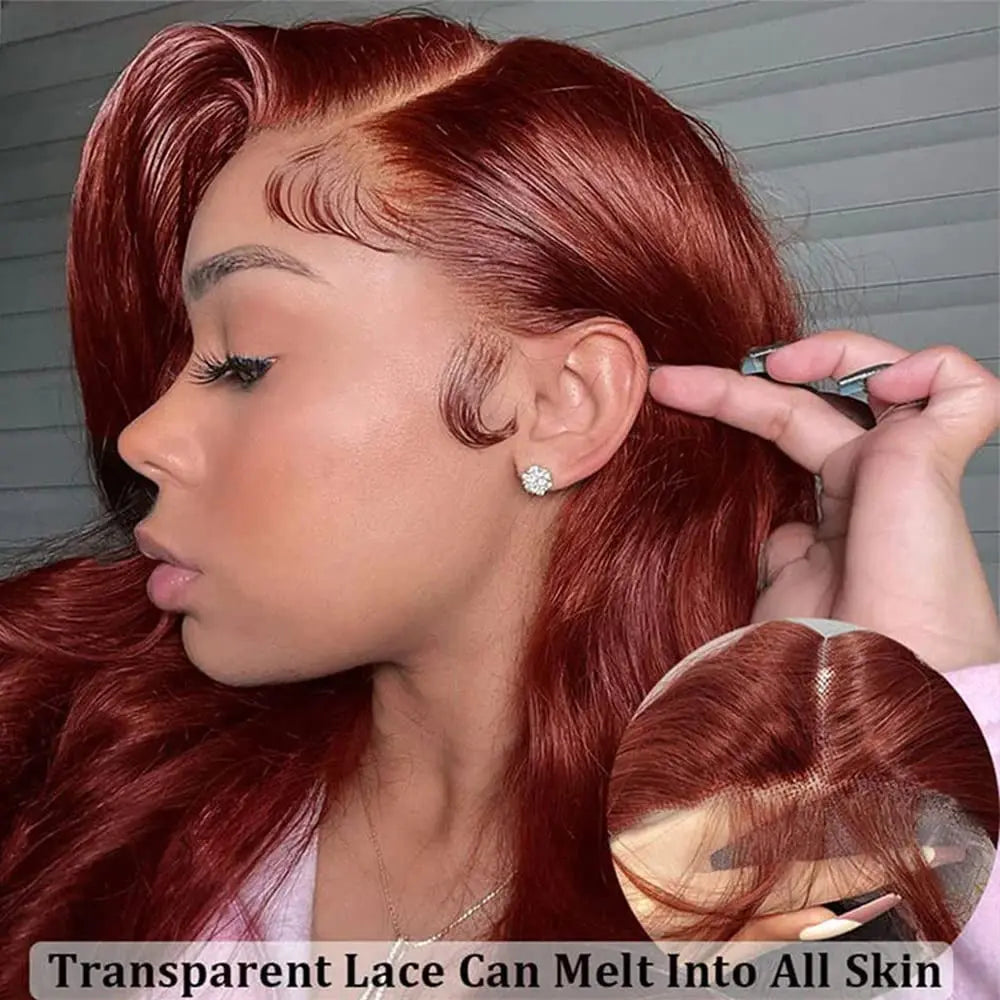 Aurasilva long body wave wig, reddish brown hair with glueless Swiss lace - daily wear and evening styling