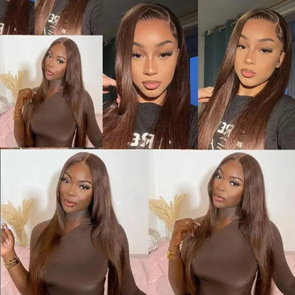 Glueless straight lace front wig, brown Vietnamese human hair, transparent Swiss lace, for daily wear