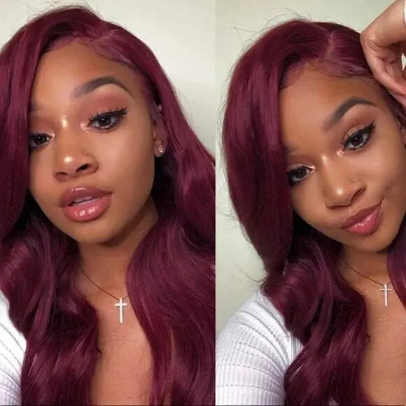 Vietnamese human hair lace front wig - burgundy body wave with transparent lace - evening and event styling