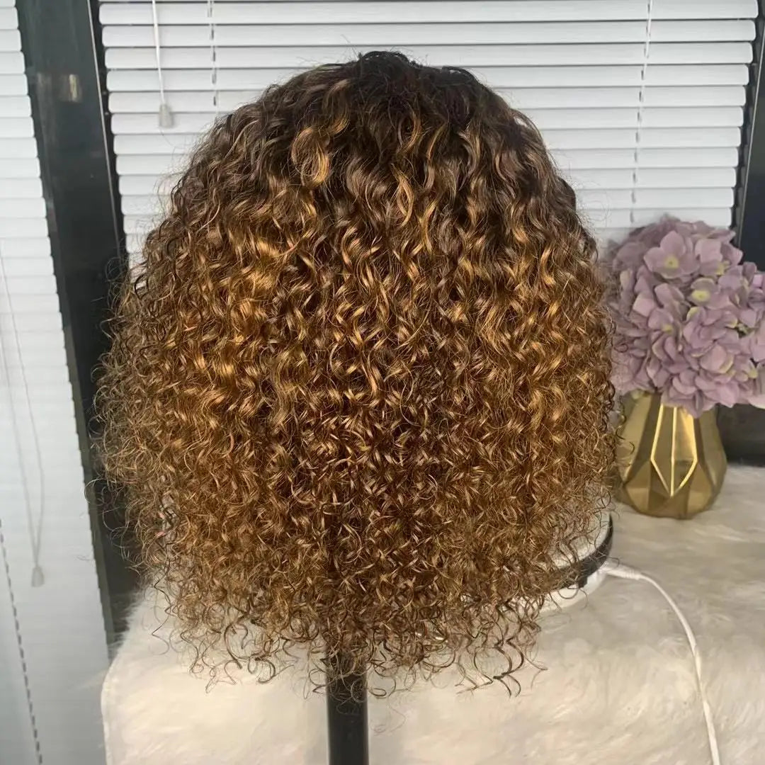 Aurasilva afro curl machine made lace front wig in P4/27 color with transparent Swiss lace at 12 inches