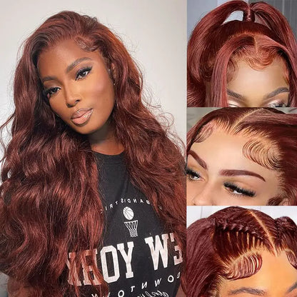 Aurasilva long body wave wig, reddish brown hair with glueless Swiss lace - daily wear and evening styling